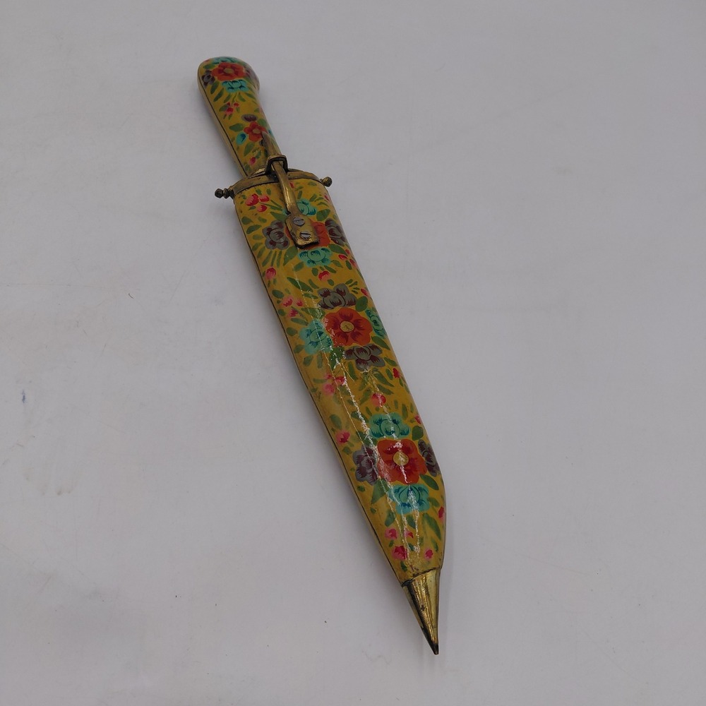 Vintage Handmade Hand Forged Floral Dagger Knife with Scabbard Yellow 11.5 Inch